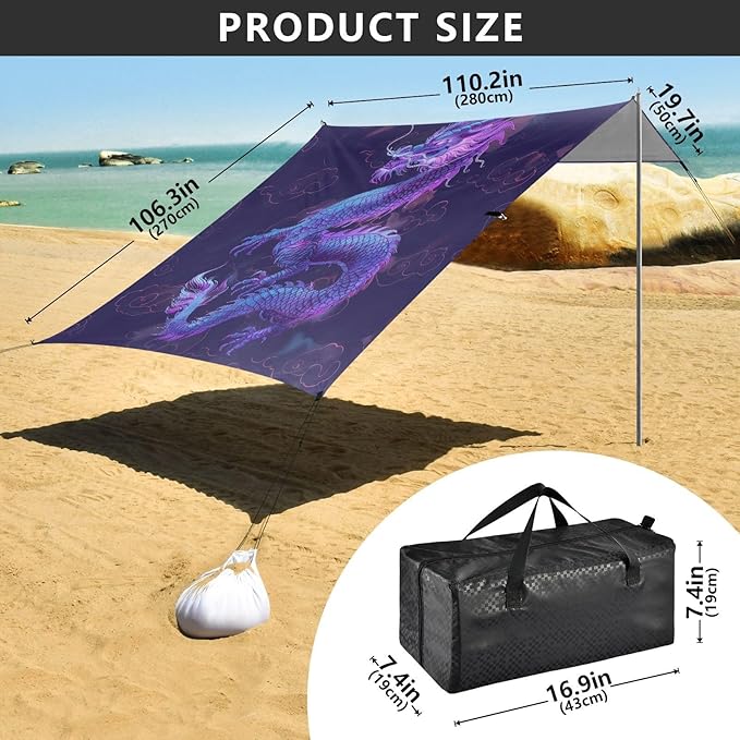 Purple Dragon Beach Tent Sun Shelter 9.2' x 10.5' Beach Canopy with 4 Sandbags 4 Stability Poles Sand Shovels - Tent Canopy for Beach Camping Fishing Picnics
