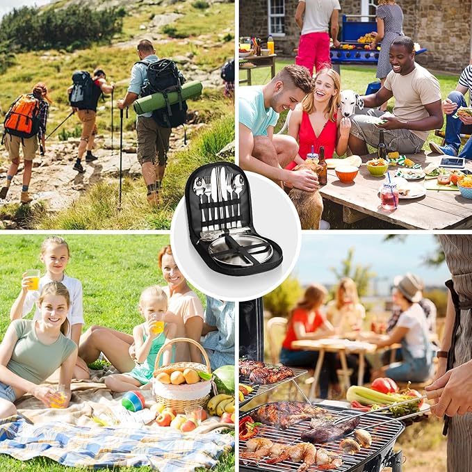 Camping Cutlery Set 12-Piece Stainless Steel with Plates and Case Portable Outdoor Dining Kit Silver