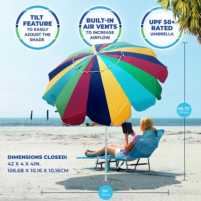 Rio Brands 7' Alternating 20-Panel Beach Umbrella with Sand Anchor and Carrying Bag Multicolor