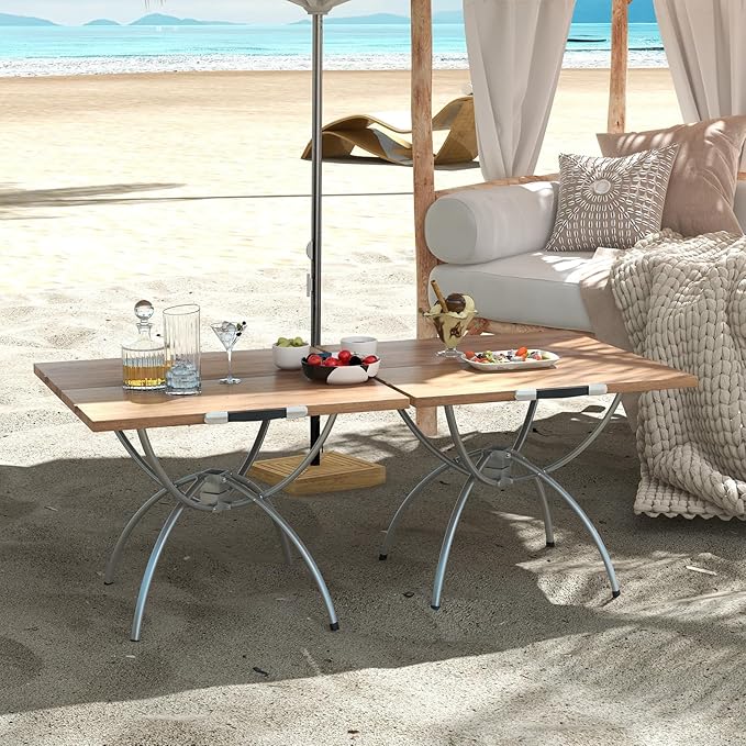 Goplus Aluminum Camping Table 2 PCS Folding Picnic Tables w/Extendable Design Wood-Grain Tabletop Carrying Bag Non-Slip Foot Pads Portable Beach Table for Camp Hiking BBQ Party
