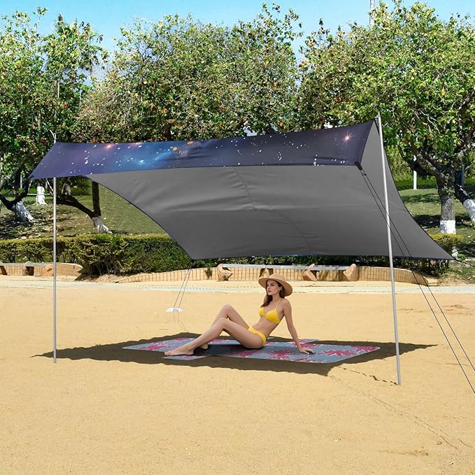 ALAZA Butterfly in Blue Galaxy Beach Tent Sun Shelter UPF50+ Protection Beach Shade Canopy w/ 4 Sandbags for Outdoor Camping Fishing Backyard Fun Picnic 10x9 ft