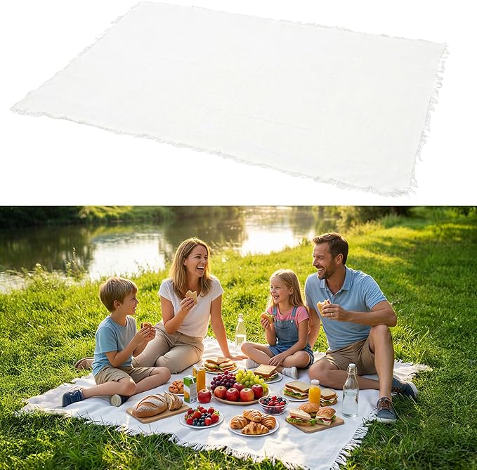 91 x 71 Inch Large White Picnic Blanket Outdoor Picnic Blanket with Fringe Soft Cotton Woven Blanket Picnic Lightweight Foldable Blanket Picnic for Beach Park Camping (White Grid Pattern)