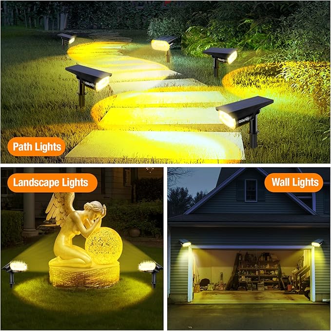 4 Pack Solar Spot Lights Outdoor 1000 Lumens 64 LEDs IP67 Waterproof Landscape Lighting with 4 Modes - 2-in-1 Solar Spotlight &amp Pathway Light for Garden Yard Patio Decor Warm White