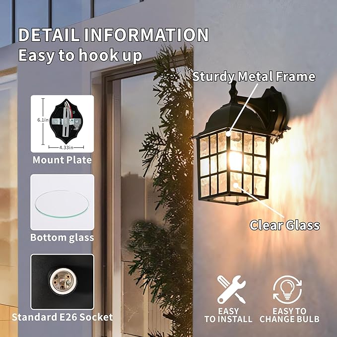 Outdoor Wall Light Fixtures Waterproof Exterior Sconce Lights Anti-Rust Exterior Lighting Fixtures Black Outdoor Wall Lantern for Porch Patio Front Door Garage House - 2 Pack