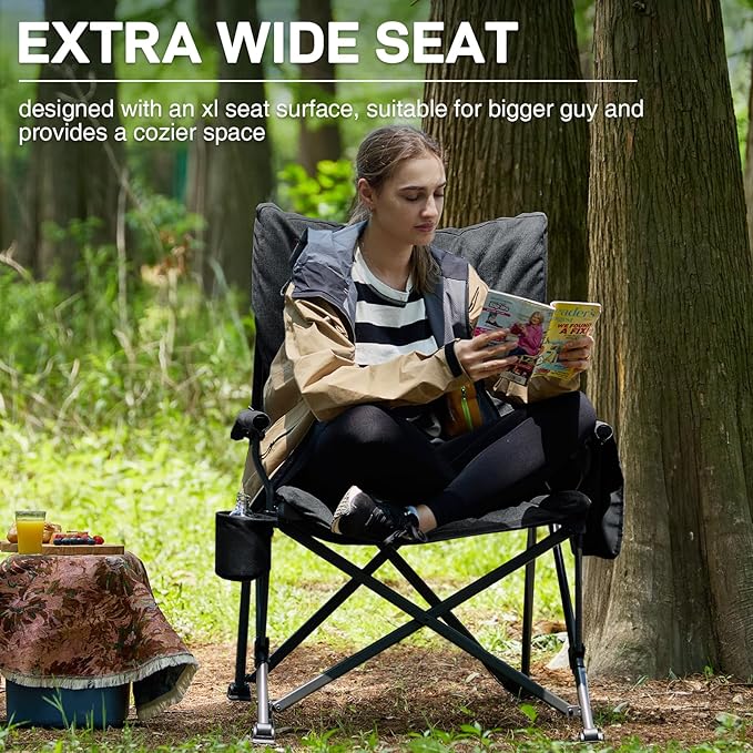 EVER ADVANCED Padded Oversized Folding Camping Chair for Adults Heavy Duty Lawn Chair with Side Pockets Portable Collapsible Quad Chair for Outside Support Up to 500lbs Black