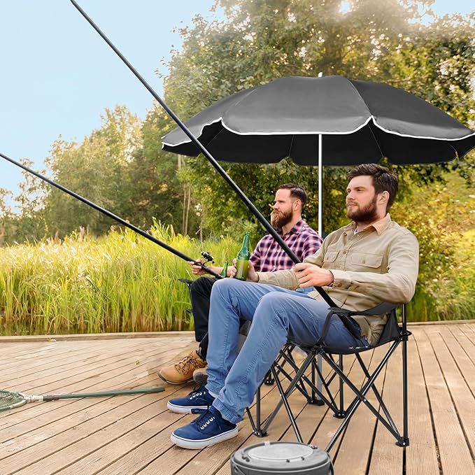 Double Camping ChairDouble Folding Beach Chairs Camping Chair W/Umbrella Mini Table Beverage Holder Carrying Bag for Beach Patio Pool Park OutdoorBlack
