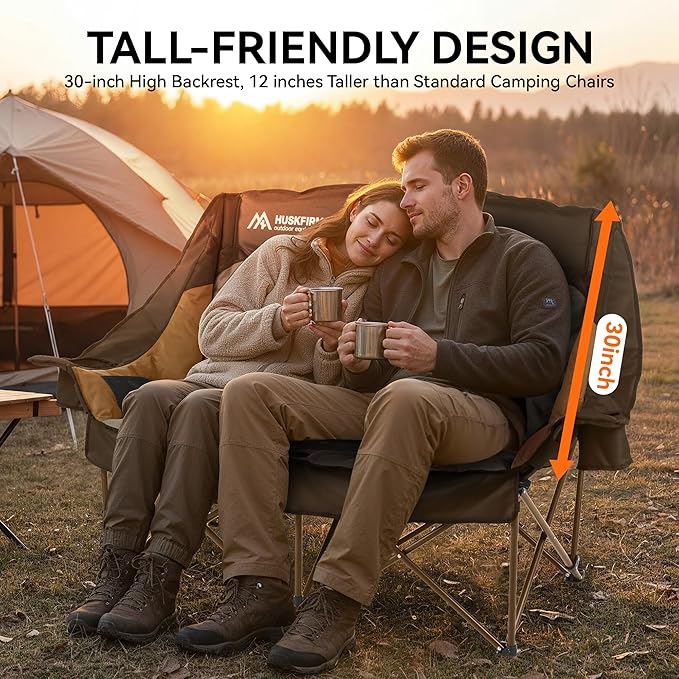 High Back Double Camping Chair 2 Person Camping Chair Low Seat Loveseat Camping Chair Fully Padded Oversized Camping Couch for Adults - Supports 650 LBS with Cup Holders Carry Bag - Brown