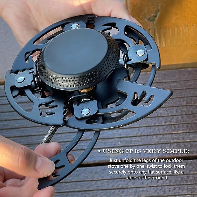 Foldable Camping Stove Portable Windproof Gas Stove with 3 Gas Canister Converters - Compact Outdoor Cooker for Hiking Backpacking Includes EVA Carrying Case Wind Shield &amp Pot Support (Black)