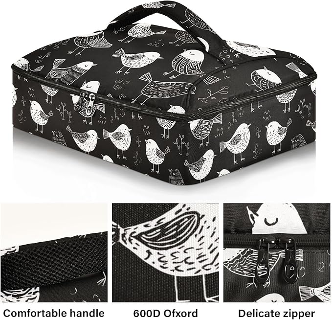 Casserole Carrier Birds BlackInsulated Casserole Carrier for Hot or Cold Food Thermal Lunch Tote for Potluck Parties Picnic Beach Fits 9 x 13 Inches Baking Dish