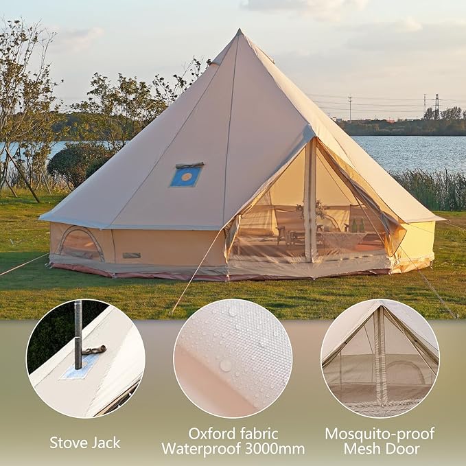 Oxford Bell Tent for Family Camping - Spacious 13.1ft /16.4ft Yurt with Stove Jack Large Glamping Tents for 4-8 People 4 Season Oxford Hot Tent Shelter