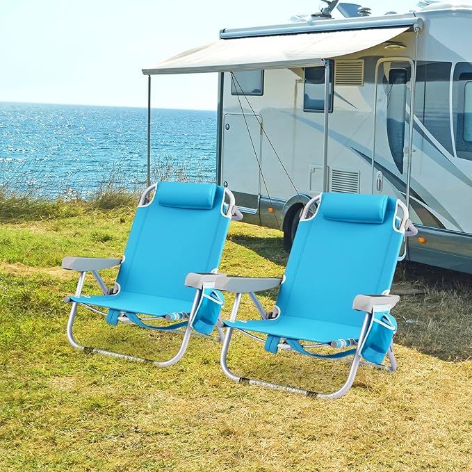 GYMAX Beach Chair 330lbs Backpack Lounger with 5-Position Backrest Storage Bag Side Pocket Towel Bar &amp Headrest Foldable Low Beach Lounge Portable Aluminum Lay Out Camp Chair (2 Light Blue)