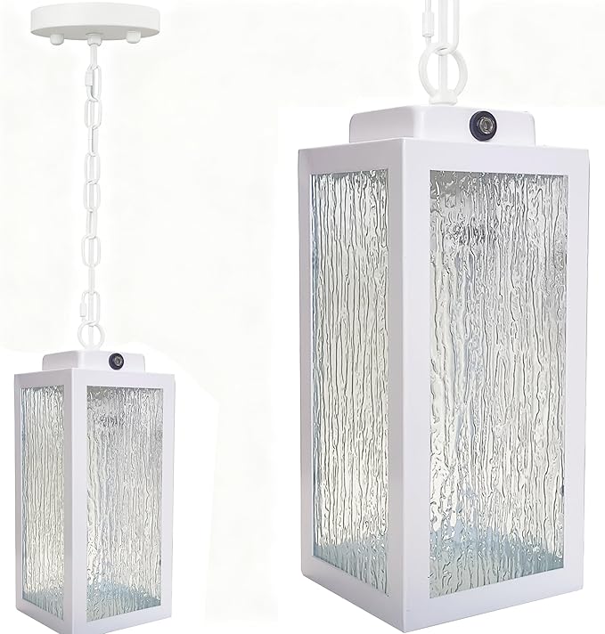 Outdoor Pendant Light Dusk to Dawn 11'' Porch lights Outdoor Chandelier Hanging Ceiling Lights White Aluminum Lightshade with Tempered Glass Exterior Lighting Fixture for Porch Yard Gazebo 1 Pack