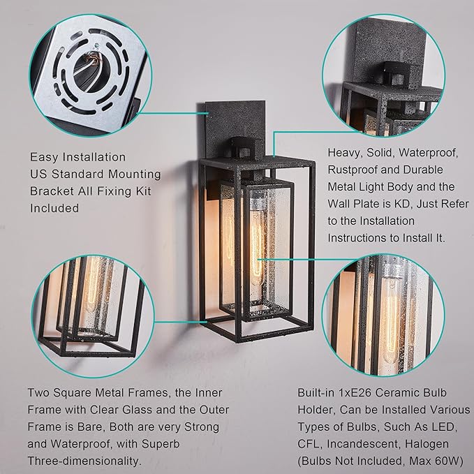 18Ht Modern Industrial Outdoor Wall Light Fixture with Textured Black Anti-Rust Metal and Clear Glass Wet Rated for Exterior House Porch Patio Outside Deck Garage Yard Front Door Garden