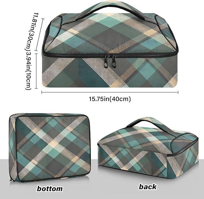 Casserole Carrier Green Brown Tartan Pattern Print Insulated Casserole Carrier for Hot or Cold Food Thermal Lunch Tote for Parties Picnic Travel Carry Bag