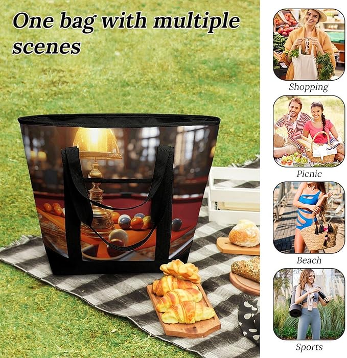 Insulated Shopping BagLarge Reusable Cooler Bags Billiards Printed Foldable Shopping BagTravel Waterproof Shoulder Bag