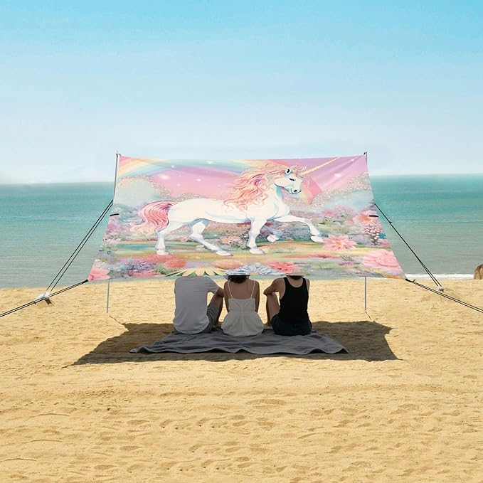 Beach Tent Sun Shelter Rainbow White Horse Lightweight &amp Easy Setup Beach Shade Canopy for Camping Fishing
