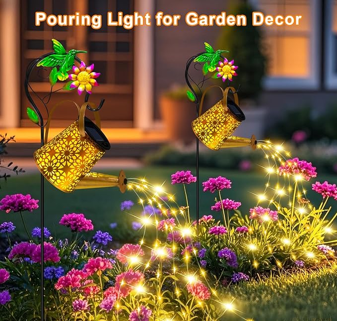 Solar Metal Watering Can with Hummingbird Shepherd Hook and Cascading Lights Outdoor Solar Lantern for Garden Yard Patio Decor and Gardening Gifts for Women Mother's Day