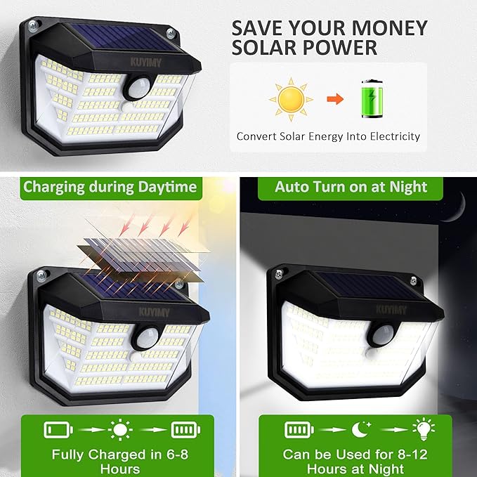 Solar Outdoor Lights 230 LED with Motion Sensor and 3 Modes IP65 Waterproof 270° Wide Angle Light Easy-to-Install Intelligent Security Wireless Wall Lights for Porch Garage Yard(4 Pack)