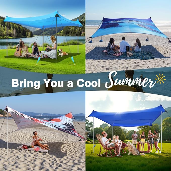 Rhino Valley Beach Tent Shade Canopy UPF50+ Protection 8 Sandbags 4 Stability Poles Outdoor Sun Shelter Umbrella for Sand Camping Fishing Essentials