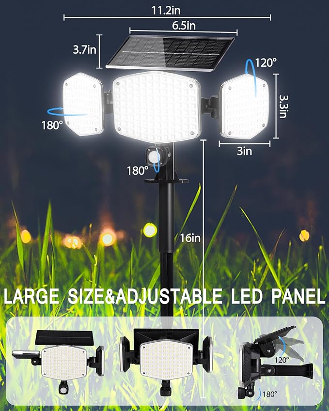 Solar Motion Lights Outdoor with Stake 208 LED 270° Illumination Security Flood Lights for Yrad Garden Pathway 3 Modes IP65 Waterproof In-Ground or Wall Mount