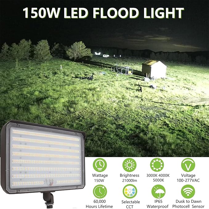 2Pack Dusk to Dawn Outdoor 150W LED Flood Light with Knuckle &amp Plate Mount 3000K/4000K/5000K Color Selectable ETL Commercial LED Security Lighting