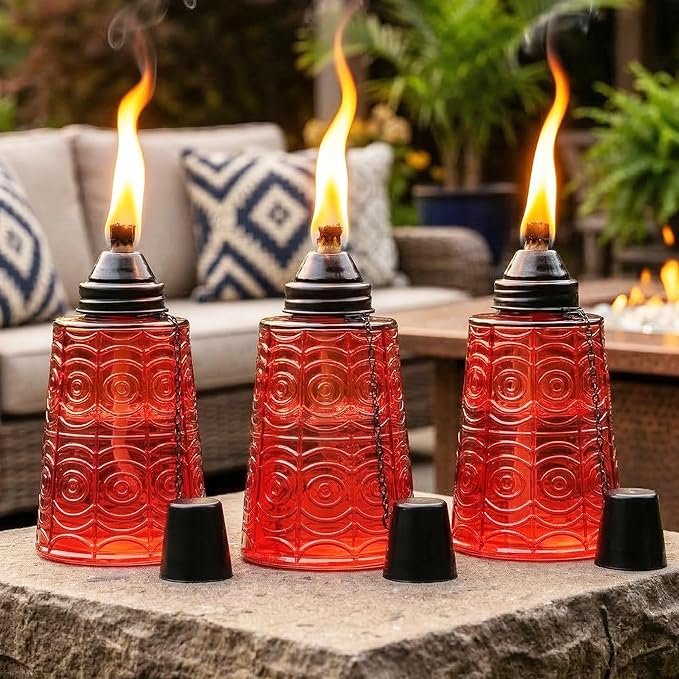 Seraphic Citronella Table Top Torches for Outdoor Patio 16oz Decorative Glass Torch Citronella Candles for Outside Deck Garden Parties Set of 3 Red