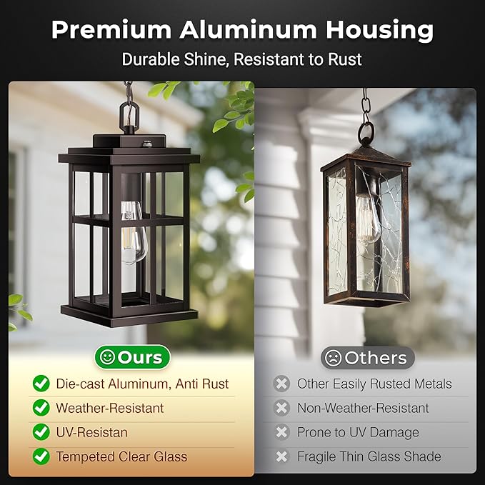 Brown Large Dusk to Dawn Outdoor Pendant Light Outside Hanging Lights with Tempered Glass 100% Aluminum Anti-Rust Outdoor Ceiling Light for Porch House Doorway Waterproof E26 Socket