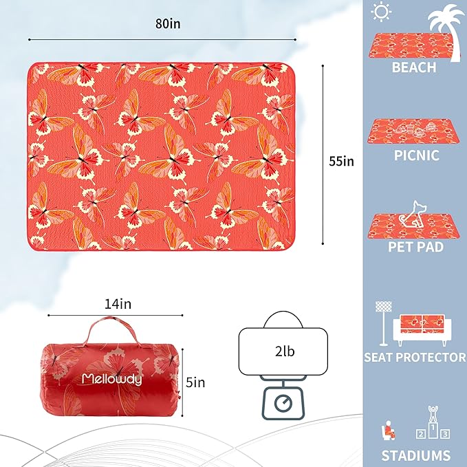 Mellowdy Companion Outdoor Printing Blanket - Waterproof Wind-Resistant Warm Utility Blanket for Camping Picnic Stadium Beach Gameday Travel Foldable with Carrying Bag（Red Butterfly55x80）