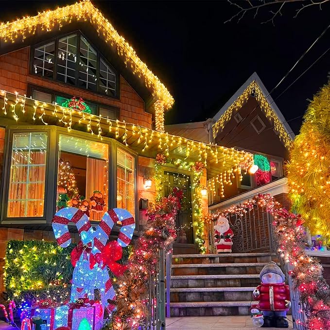YEGUO 66ft 800 LED Icicle Lights Outdoor 160 Drops Icicle Christmas Light Connectable 8 Modes Warm White Xmas Icicle Lights with Memory Timer