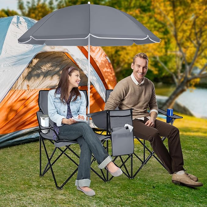 Tangkula Double Camping Chairs with Umbrella Portable 2 Seat Folding Camp Chair with Cooler Bag Beverage Holder Carrying Bag Foldable Lawn Chair for Outside Fishing Picnic Beach