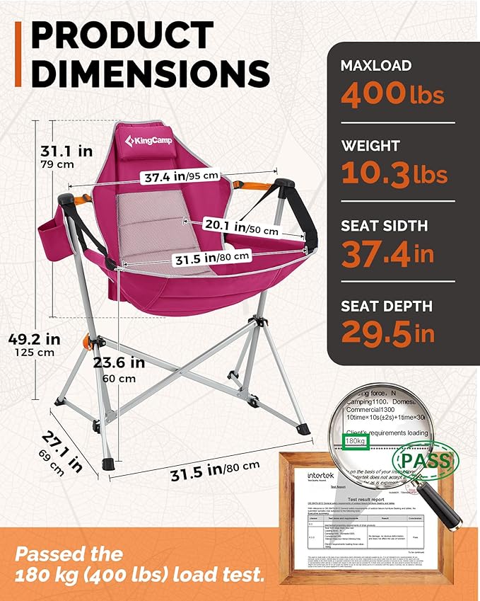 KingCamp Hammock Camping Chair Swinging Portable Folding Camp Chairs for Adults Max 400lbs Heavy Duty Foldable Oversized Rocker with Aluminum Alloy Frame Cup Holder for Outdoor Beach Patio Sport