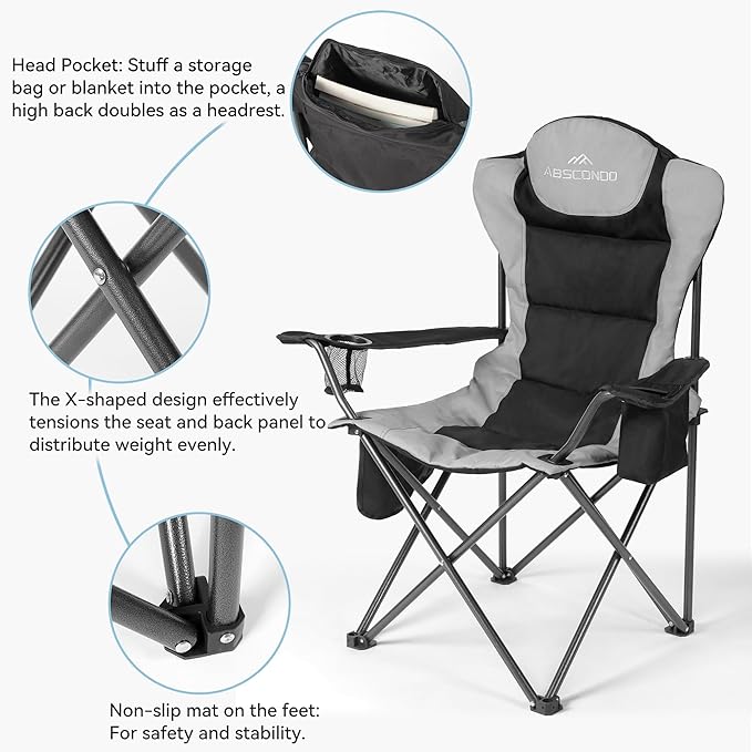 ABSCONDO Camping Chairs for Adults Oversized Folding Camp Chair for Outdoor with Cup Holder &amp Cooler Bag XL Heavy Duty Lawn Chairs Supports up to 350lbs (2 Pcs)