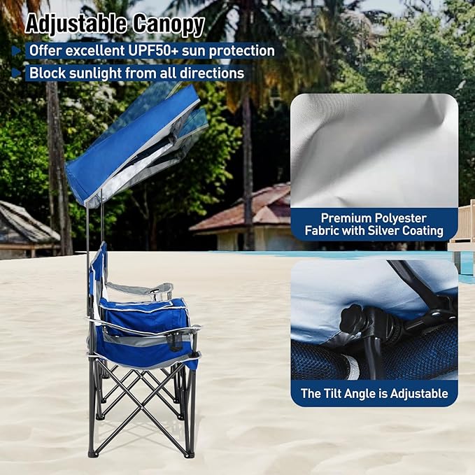 S AFSTAR Camping Chair with Canopy 2-Person Folding Beach Chair with Cup Holders 3-Side Shading Curtains &amp Cooler Bag Foldable Loveseat Lawn Chair for Camping Outdoor &amp Fishing (Navy Blue)