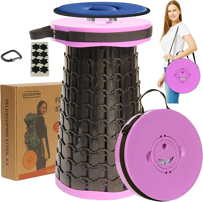 ALEVMOOM 2026 Upgraded XXL 19.7 Collapsible Stool with Cushion 1000lbs Max Weight Heavy Duty Portable Telescoping Stool Retractable Seat Folding Chair for Camping Fishing Hiking(Purple-XXL)