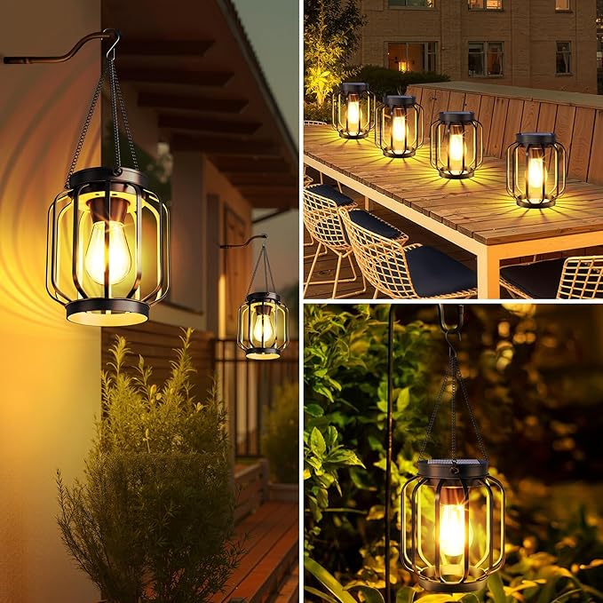 Solar Lanterns Outdoor Waterproof 4 Pack 14.37'' Metal Hanging Solar Lights for Outside with Auto On/Off &amp Hook - Brighter Hanging Outdoor Lanterns Decorative Lighting for Garden Patio Yard