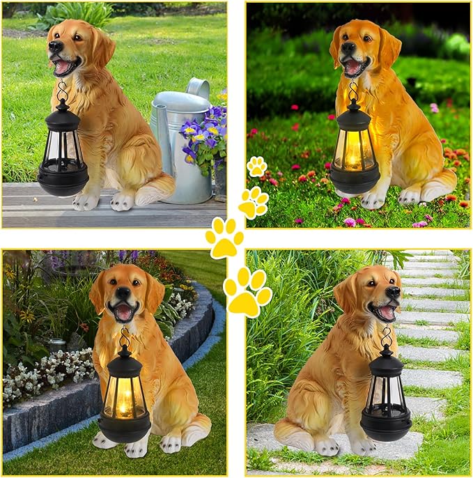 Afirst Solar Dog Statue Garden Decor Outdoor Statue Decor with Solar Lantern Valentine's Day Gift Lovely Golden Retriever Figurine Patio Lawn Yard Art Ornaments Housewarming Gift