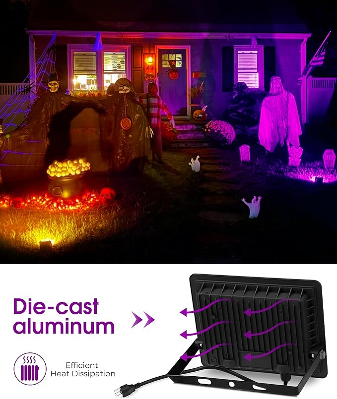L LOHAS LED Purple Christmas Halloween Flood Light Outdoor 𝑨𝒖𝒕𝒐 𝑶𝑵/𝑶𝑭𝑭 50W Plug in Flood Light IP66 Waterproof 2300lm Outdoor Lights for Yard Garage Party UL Listed