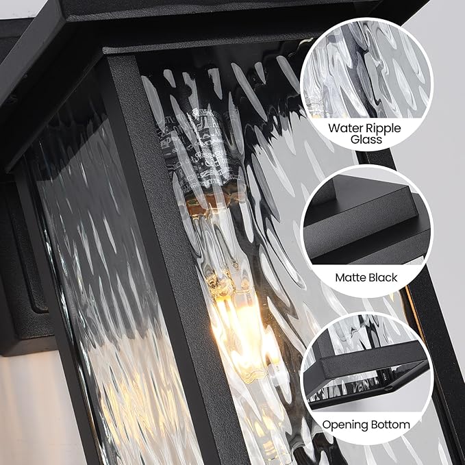 Outdoor Wall Sconce Outside Porch Light Fixtures Wall Mount Anti-Rust Exterior Wall Lights in Wood Grain Finish &amp Black Finish with Water Ripple Glass for Garage Doorway Entryway