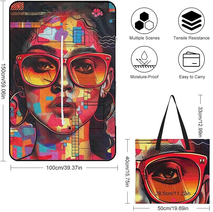 Zipper Girl Wearing Sunglasses Style Picnic Mat Suitable for Travel Camping Park Or Home Use