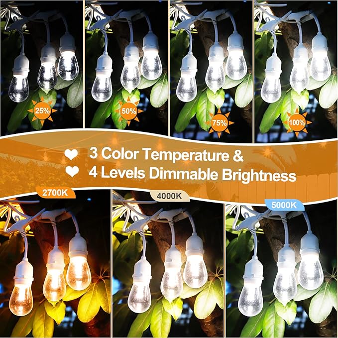Mlambert 96FT(2x48FT) 3-Color in 1 Dimmable Solar String Lights Outdoor Remote Patio String Lights with 30+5 LED Bulbs for Pergola Outside-White Cord