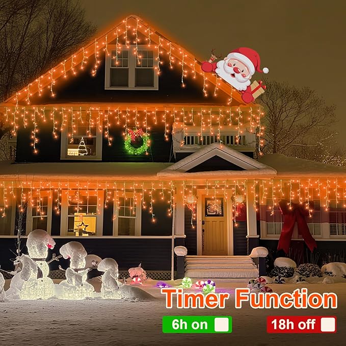 QITONG Orange Icicle Lights for Outside 33ft 400 LED String Light with 8 Modes Clear Wire Connectable Icicle Christmas Lights Indoor Plug in for Halloween Thanksgiving Fall Décor
