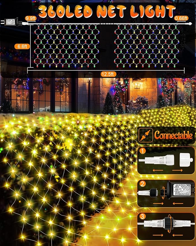 Coroor Christmas Net Lights 12ft x 5ft 360 LED Outdoor Mesh Lights with 8 Modes Waterproof Bush String Lights for Home Garden Yard Xmas Decorations Connecable Timer (Warm White)