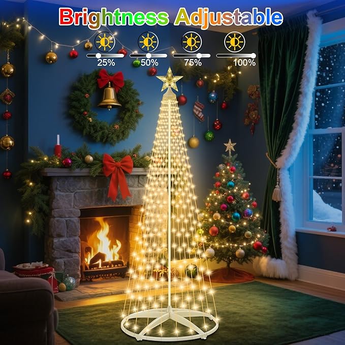 7.5Ft 312 LED Solar Christmas Cone Tree Lights with Star Topper Outdoor Christmas Tree with 11 Modes Timer Remote Dimmable Waterproof for Yard Holiday Christmas Decoration Warm White &amp Multico