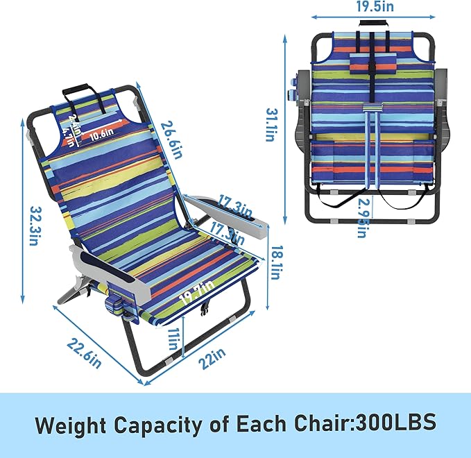BlueWish Backpack Beach Chair 2 Pack Beach Chairs for Adults with Water-Resistant Storage Bag Oxford Fabric 5 Adjustable Position Folding Beach Chair for Poolside Garden Backyard