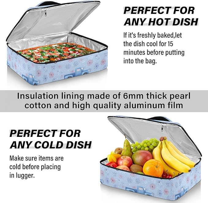 Casserole Carrier Blue TruckInsulated Casserole Carrier for Hot or Cold Food Thermal Lunch Tote for Potluck Parties Picnic Beach Fits 9 x 13 Inches Baking Dish