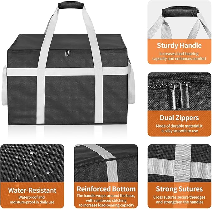 XXXL 2 Pack Insulated Food Delivery Bag with Removable Hard Bottom Reusable Insulated Grocery Bag for Hot and Cold Food Catering Cooler for Doordash Warmers Parties (Black+Red)