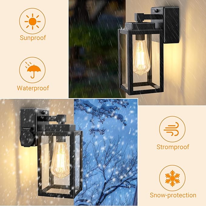 WIHTU Outdoor Wall Light Fixtures Dusk to Dawn Outdoor Wall Sconce with Outlet 2-Pack Porch Sconces Mounted Lighting Porch Lights with E26 Waterproof Wall Lamps for Patio Front Door