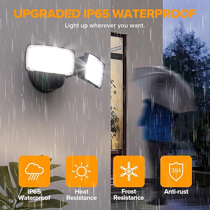 LUTEC 32W 3500LM Integrated Dual-Head LED Flood Light OutdoorSwitch Controlled LED Security Light5000K Wall Mount Exterior Flood LightP65 Waterproof for Garage Yard Patio-Black