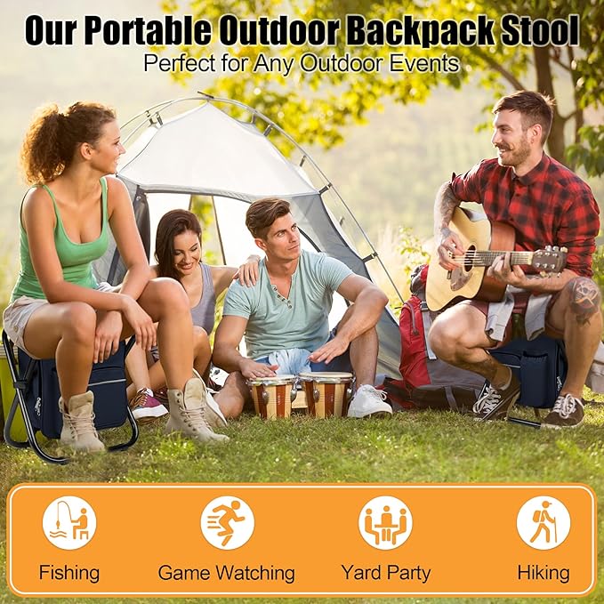 Kikerike Backpack Stool Cooler Chair Heavy Duty 300 LBS Max Load Portable Lightweight Stool Backpack Folding Fishing Cooler Seat for Camping Hunting Fishing - Navy Blue