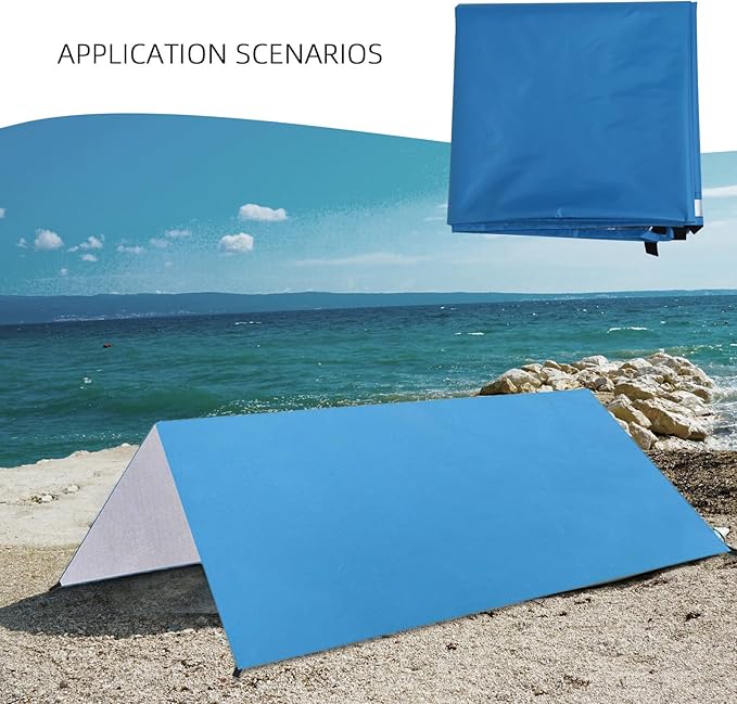 STOBAZA Waterproof Polyester Tent Tarp Shelter Sun Protection Camping Hammock Rain Fly with Ground Cloth Azure 3-4 Person Outdoor Beach Shelter for Hiking and Camping